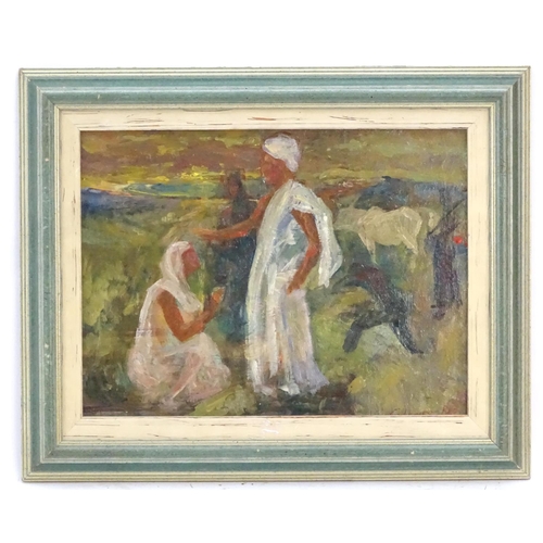 75 - Indistinctly signed, XX,  Oil on board,  A Middle Eastern / Indian landscape scene with a figure bei... 