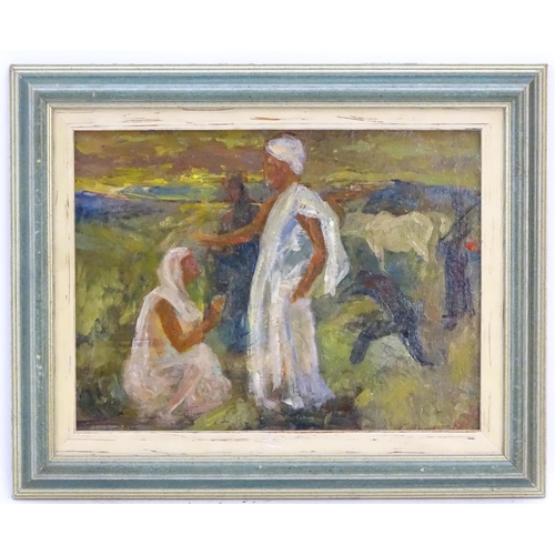 75 - Indistinctly signed, XX,  Oil on board,  A Middle Eastern / Indian landscape scene with a figure bei... 