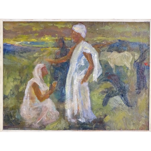 75 - Indistinctly signed, XX,  Oil on board,  A Middle Eastern / Indian landscape scene with a figure bei... 