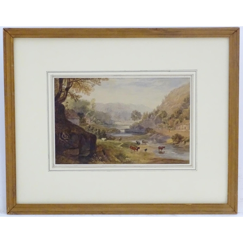 76 - Manner of Francis Nicholson (1753-1844), XIX,  Watercolour,  A landscape scene with cattle watering ... 