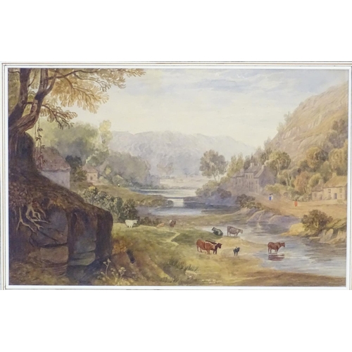 76 - Manner of Francis Nicholson (1753-1844), XIX,  Watercolour,  A landscape scene with cattle watering ... 