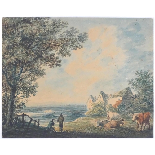 83 - Manner of John Robert Cozens (1752-1799),  Watercolour,  A coastal scene with two figures and cattle... 