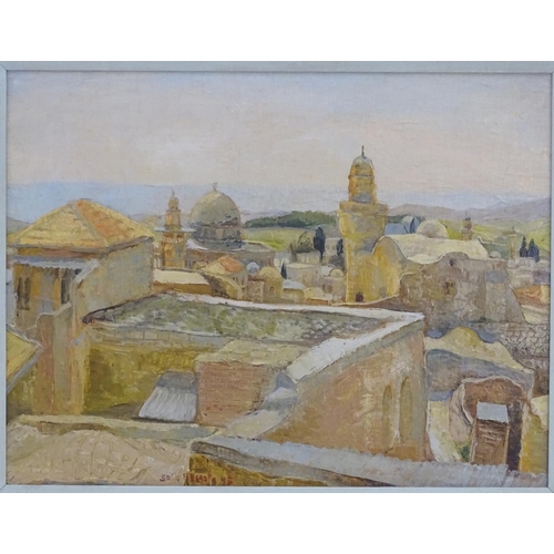 86 - Sala Russota, XX,  Oil on canvas,  Jerusalem, Israel, A view of the rooftops, domes and towers in th... 