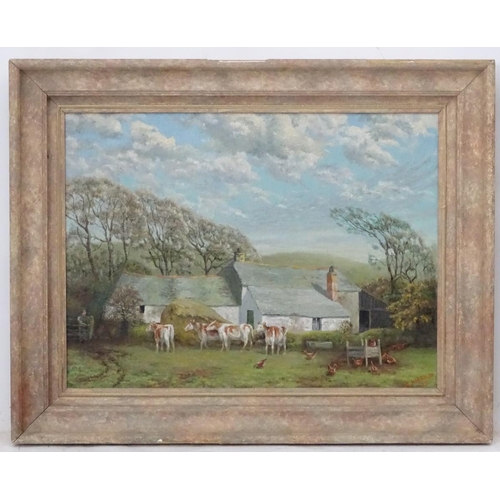 91 - E (G W) Harrison, 1955, Oil on canvas,  Farm, Bodmin Moor, A landscape with a farmhouse, with cows /... 