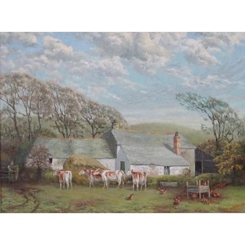 91 - E (G W) Harrison, 1955, Oil on canvas,  Farm, Bodmin Moor, A landscape with a farmhouse, with cows /... 