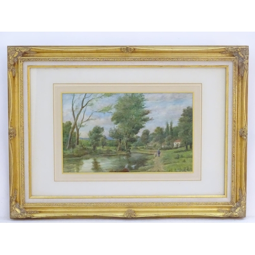 92 - XX, English School,  Watercolour,  A countryside river landscape with figures walking along a path a... 