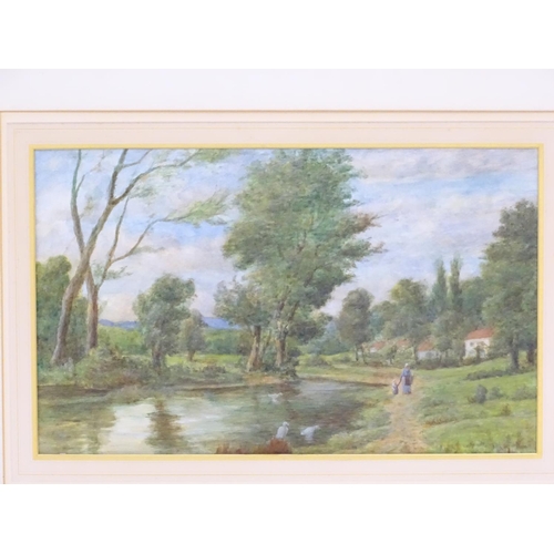 92 - XX, English School,  Watercolour,  A countryside river landscape with figures walking along a path a... 