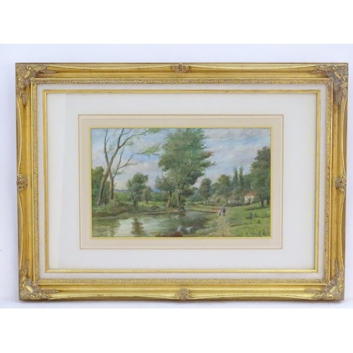 92 - XX, English School,  Watercolour,  A countryside river landscape with figures walking along a path a... 