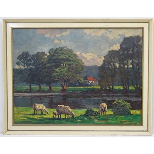 95 - Hubert Cramer-Berke (1886-?), German School,  Oil on canvas, Sheep grazing near a river, Signed lowe... 