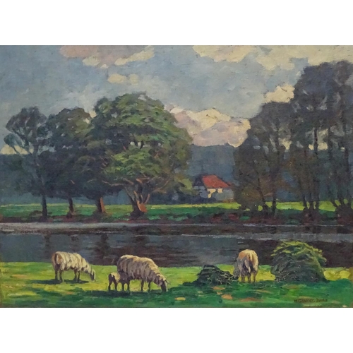 95 - Hubert Cramer-Berke (1886-?), German School,  Oil on canvas, Sheep grazing near a river, Signed lowe... 