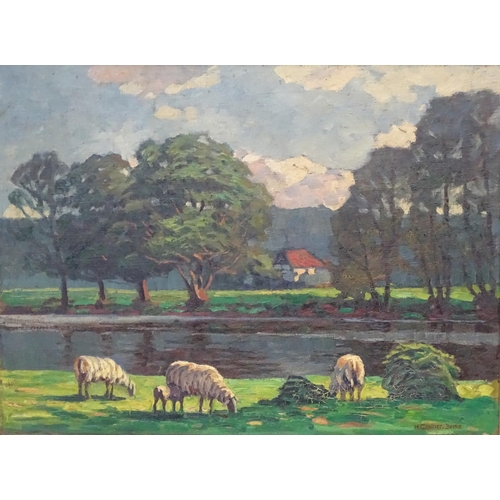 95 - Hubert Cramer-Berke (1886-?), German School,  Oil on canvas, Sheep grazing near a river, Signed lowe... 