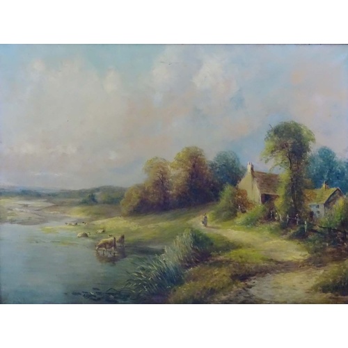 94 - Indistinctly signed, XIX, Oil on canvas, Country vista with figure walking a path, cattle drinking i... 