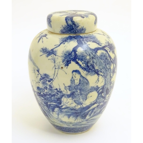 1 - A large blue and white Japanese lidded ginger jar decorated with a sage sat by a tree in a landscape... 