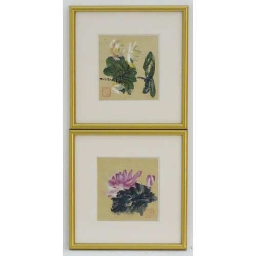 644 - Chinese School, Watercolours, a pair, Pink flowers with foliage and White flowers. Character stamp l... 