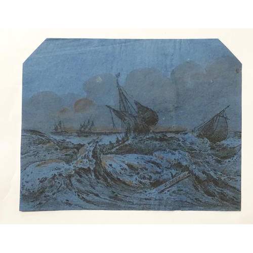 65 - After Samuel Owen (1768-1857), XIX,  Old Master lithographic print on blue laid paper,  Shipwreck,  ... 