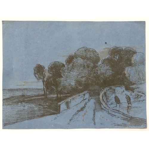 67 - After David Cox (1783-1859), XIX,  Old Master lithographic print on blue laid paper, Rural Bridge,  ... 