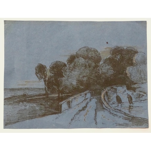 67 - After David Cox (1783-1859), XIX,  Old Master lithographic print on blue laid paper, Rural Bridge,  ... 