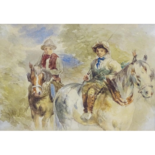 82 - XIX-XX, Continental School,  Watercolour,  Two young boys on horseback, Approx. 5 3/4'' x 8 1/4''