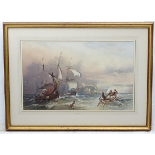 141 - Charles Bentley (1806-1854), Marine School, Watercolour,  Returning fishing boats off the coast, Lab... 