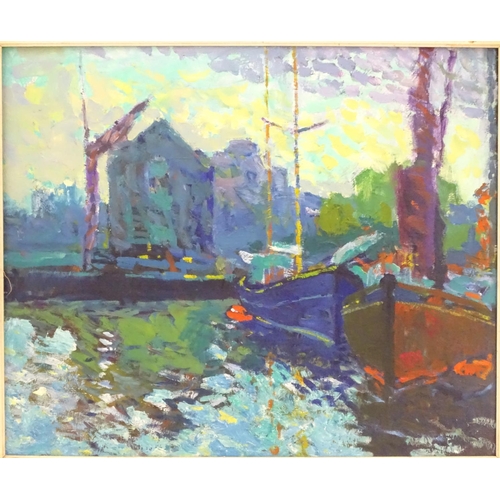 142 - Manner of Norman Laycock (1920-1985),  Oil on panel,  Fishing boats moored in a harbour,  Ascribed v... 