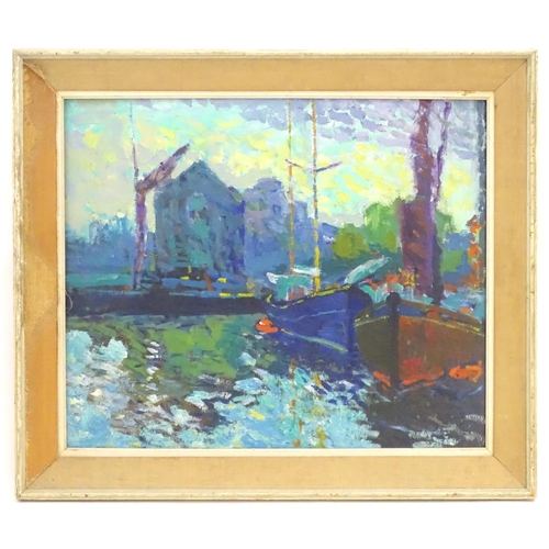 142 - Manner of Norman Laycock (1920-1985),  Oil on panel,  Fishing boats moored in a harbour,  Ascribed v... 