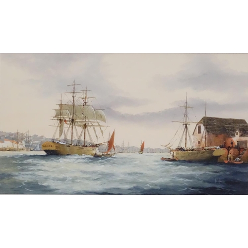 149 - Ken Hammond, XX, Marine School, Mixed media,  An estuary scene with clipper ships, sailing boats, ro... 