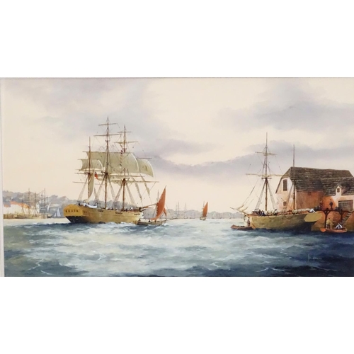 149 - Ken Hammond, XX, Marine School, Mixed media,  An estuary scene with clipper ships, sailing boats, ro... 