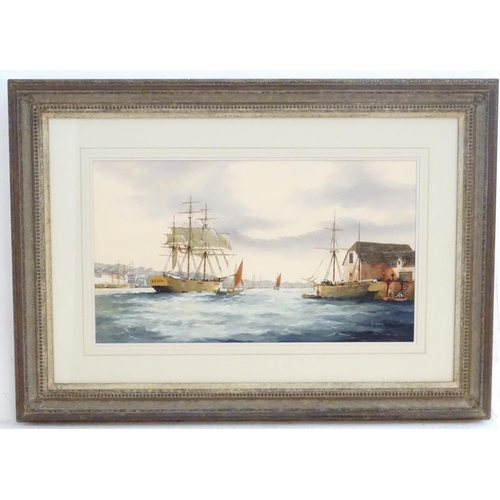 149 - Ken Hammond, XX, Marine School, Mixed media,  An estuary scene with clipper ships, sailing boats, ro... 