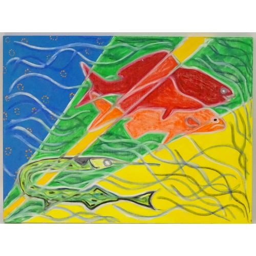 174 - Brian Calder (b. 1963),  Oil on canvas,  An abstract composition with stylised fish.  Signed verso. ... 