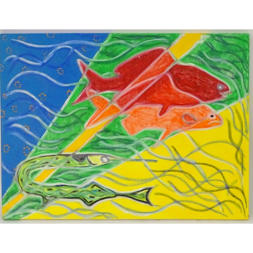 174 - Brian Calder (b. 1963),  Oil on canvas,  An abstract composition with stylised fish.  Signed verso. ... 