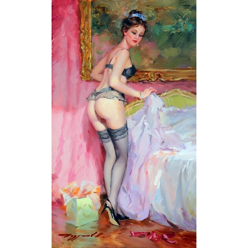 153 - Konstantin Razumov (b. 1974), Russian School, Oil on canvas, A lady in lingerie in a bedroom. Signed... 