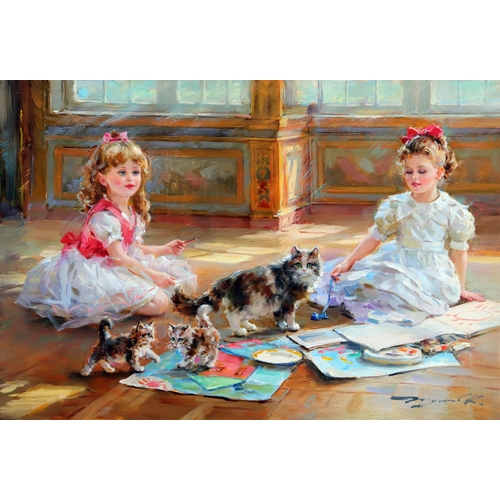 157 - Konstantin Razumov (b. 1974), Russian School, Oil on canvas, Two little girls playing on the floor, ... 