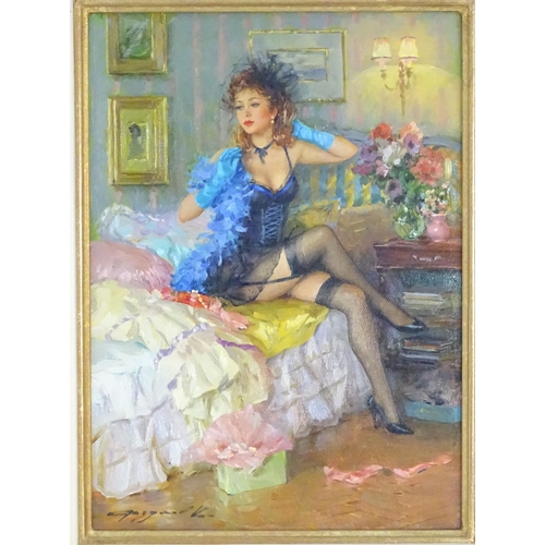 155 - Konstantin Razumov (b. 1974), Russian School, Oil on canvas, A woman in lingerie seated in her bedro... 