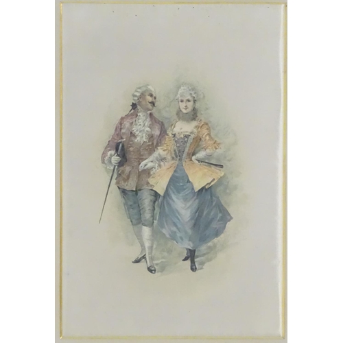 196 - An 18thC Rococo style overpainted print on silk, depicting a lady and gentleman in ball attire, in a... 