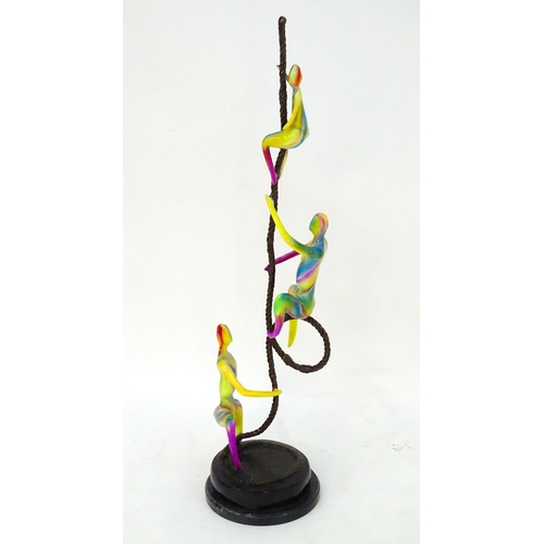 201 - XX-XXI, A bronze and coloured enamel sculpture of three acrobats on a rope. Overall height 41