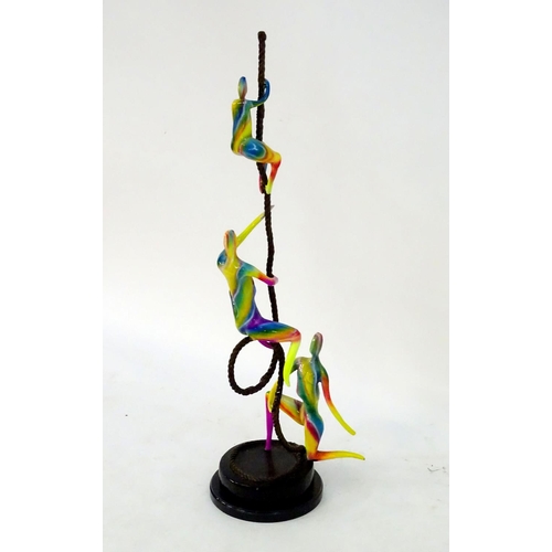 201 - XX-XXI, A bronze and coloured enamel sculpture of three acrobats on a rope. Overall height 41