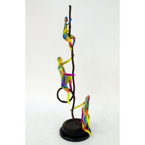 201 - XX-XXI, A bronze and coloured enamel sculpture of three acrobats on a rope. Overall height 41