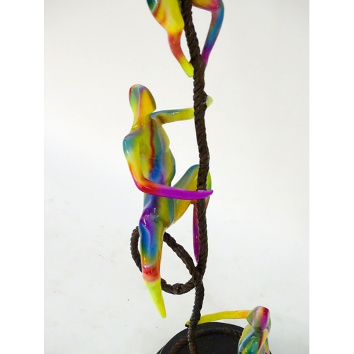 201 - XX-XXI, A bronze and coloured enamel sculpture of three acrobats on a rope. Overall height 41