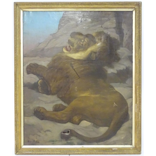 76 - A. von Tinkas, After Sir Edwin Henry Landseer (1802-1873), XIX, Oil on canvas, The lion of Lucerne, ... 