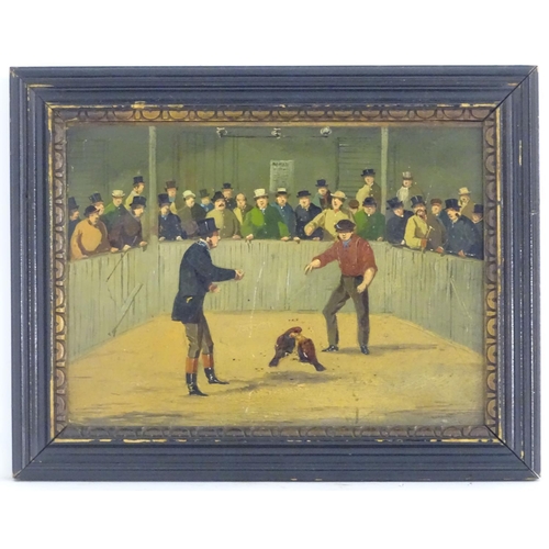 78 - Victorian School, Oil on board, A cock fighting scene in a cockpit with well dressed spectators. App... 