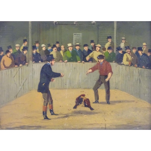 78 - Victorian School, Oil on board, A cock fighting scene in a cockpit with well dressed spectators. App... 