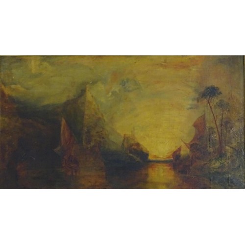 145 - Follower of Joseph Mallord William Turner, XIX, Romanticism School, Oil on canvas, An estuary scene ... 