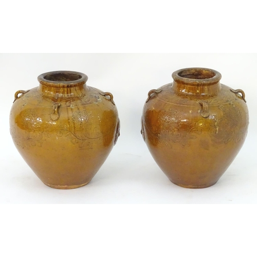 134 - A pair of large Chinese earthenware salt glaze vases with applied handles and incised decoration dep... 