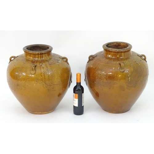 134 - A pair of large Chinese earthenware salt glaze vases with applied handles and incised decoration dep... 