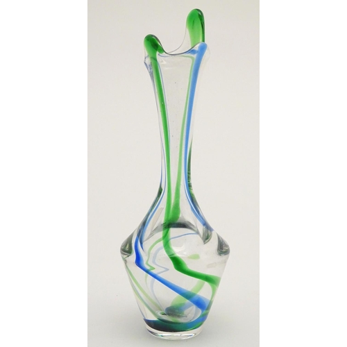 140 - A Max Verboeket Maastricht glass vase, with green and blue decoration. Signed to base. 8 7/8