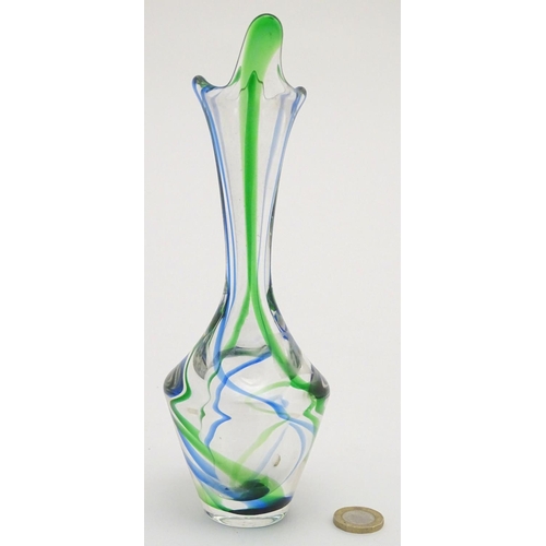 140 - A Max Verboeket Maastricht glass vase, with green and blue decoration. Signed to base. 8 7/8