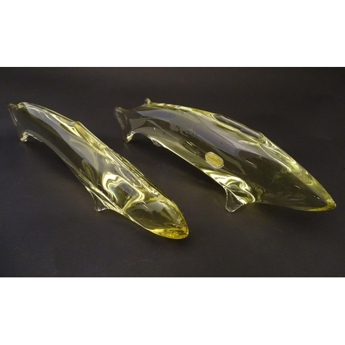 165 - Two studio yellow glass fish ornaments by Bohemia Glass, Czechoslovakia, each labelled, 12 5/8