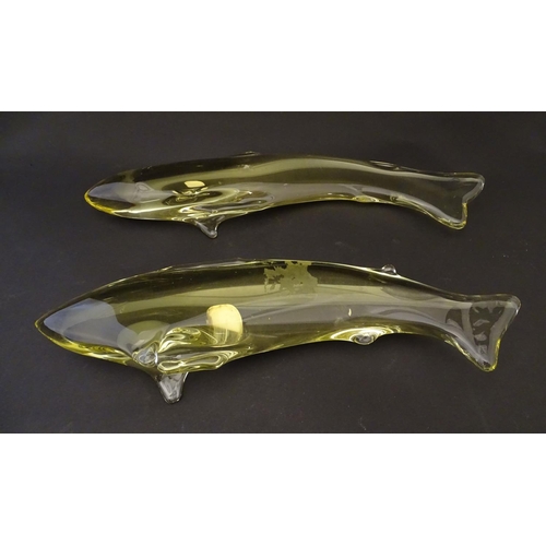 165 - Two studio yellow glass fish ornaments by Bohemia Glass, Czechoslovakia, each labelled, 12 5/8