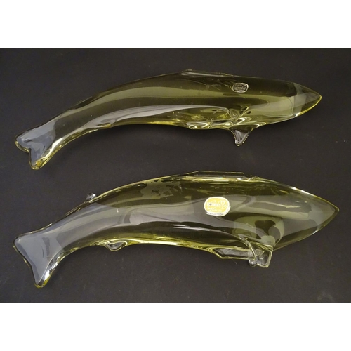 165 - Two studio yellow glass fish ornaments by Bohemia Glass, Czechoslovakia, each labelled, 12 5/8