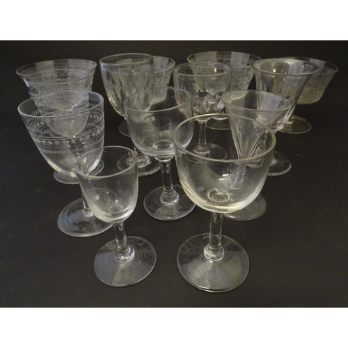 173 - Glass: an assortment of 19thC drinking glasses, to include a set of four champagne saucers, port and... 